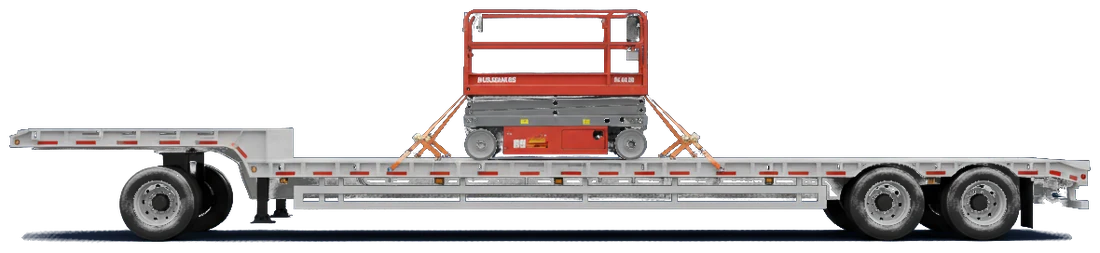 Flat deck trailer loaded with a scissor lift, strapped down