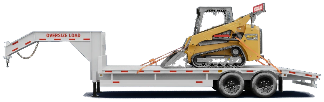 Gooseneck hotshot trailer with a skid steer and an oversize load banner
