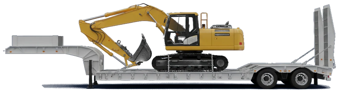 Removable-gooseneck lowboy carrying an excavator in the dropped well
