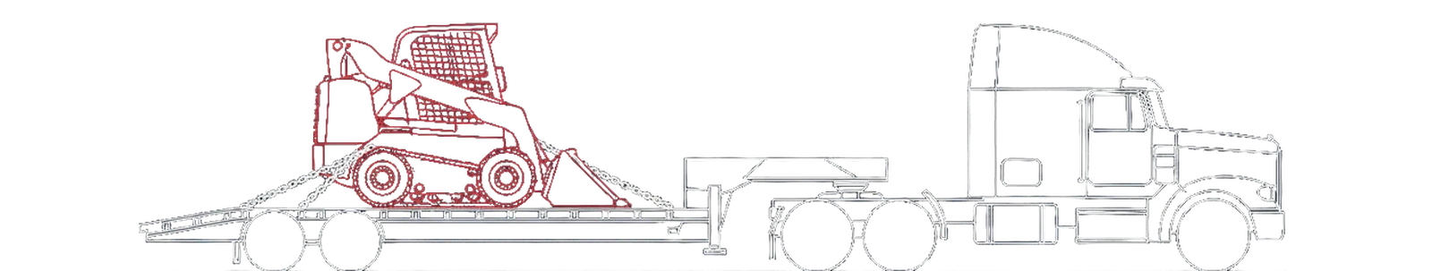 A tractor pulling a straight flat deck trailer with a compact machine on the deck